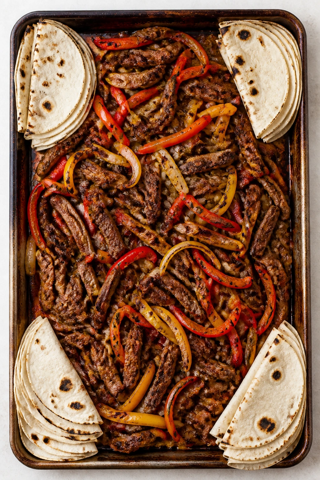 Sheet-pan fajita beef tacos with peppers and onions on a kitchen counter
