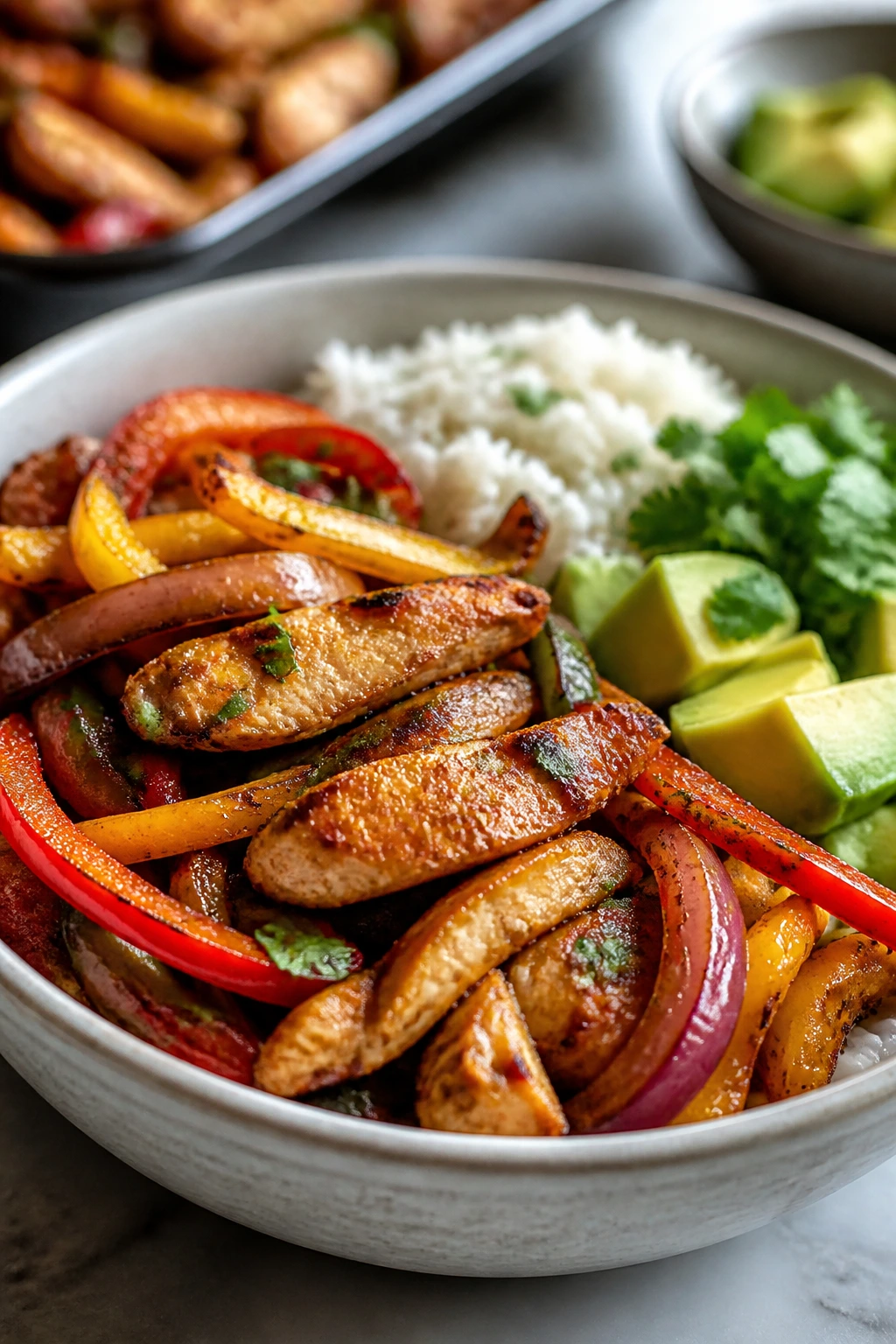 Close-up of sheet-pan chicken fajita bowl with peppers and rice