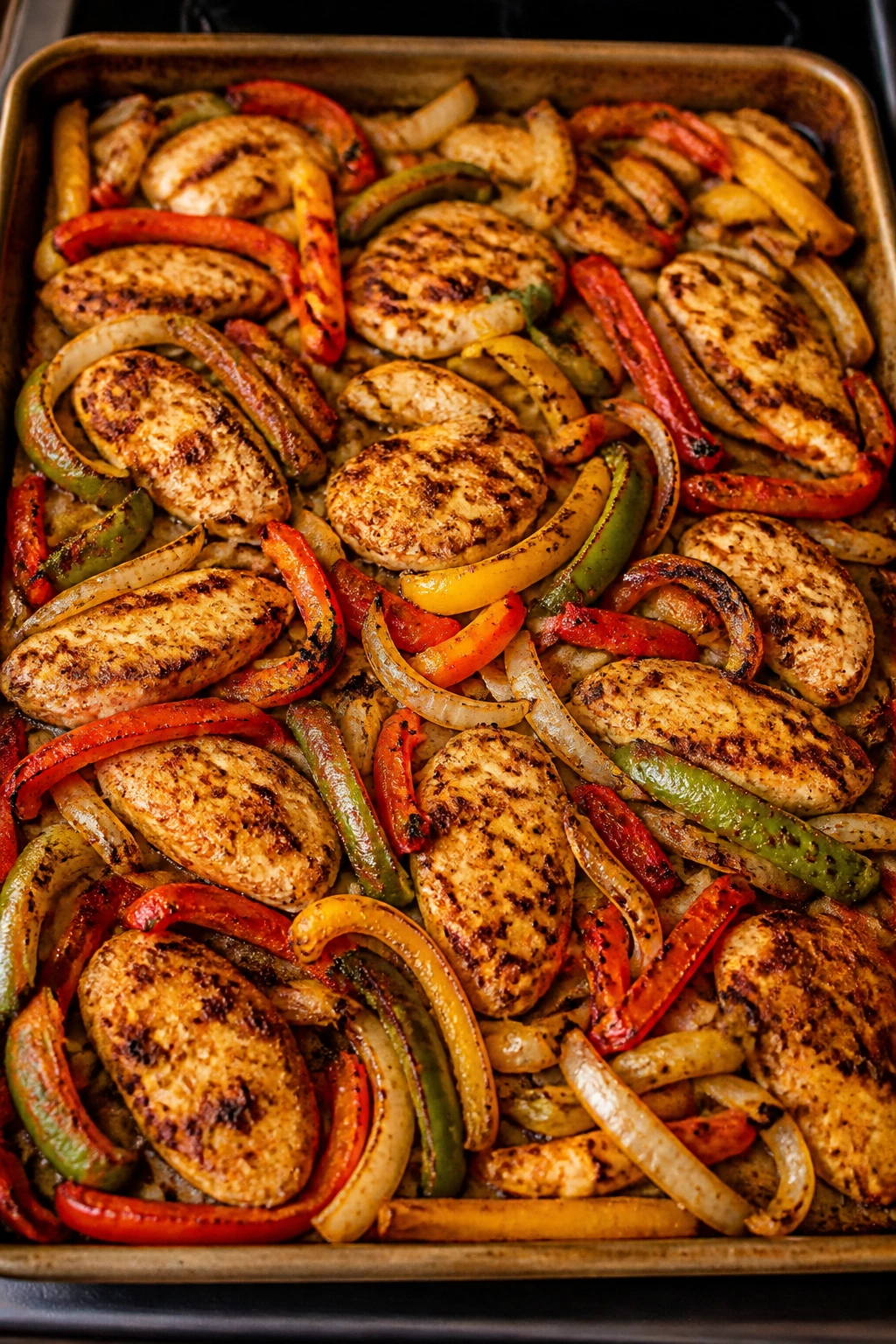 Sheet-pan fajita chicken and peppers on a baking sheet