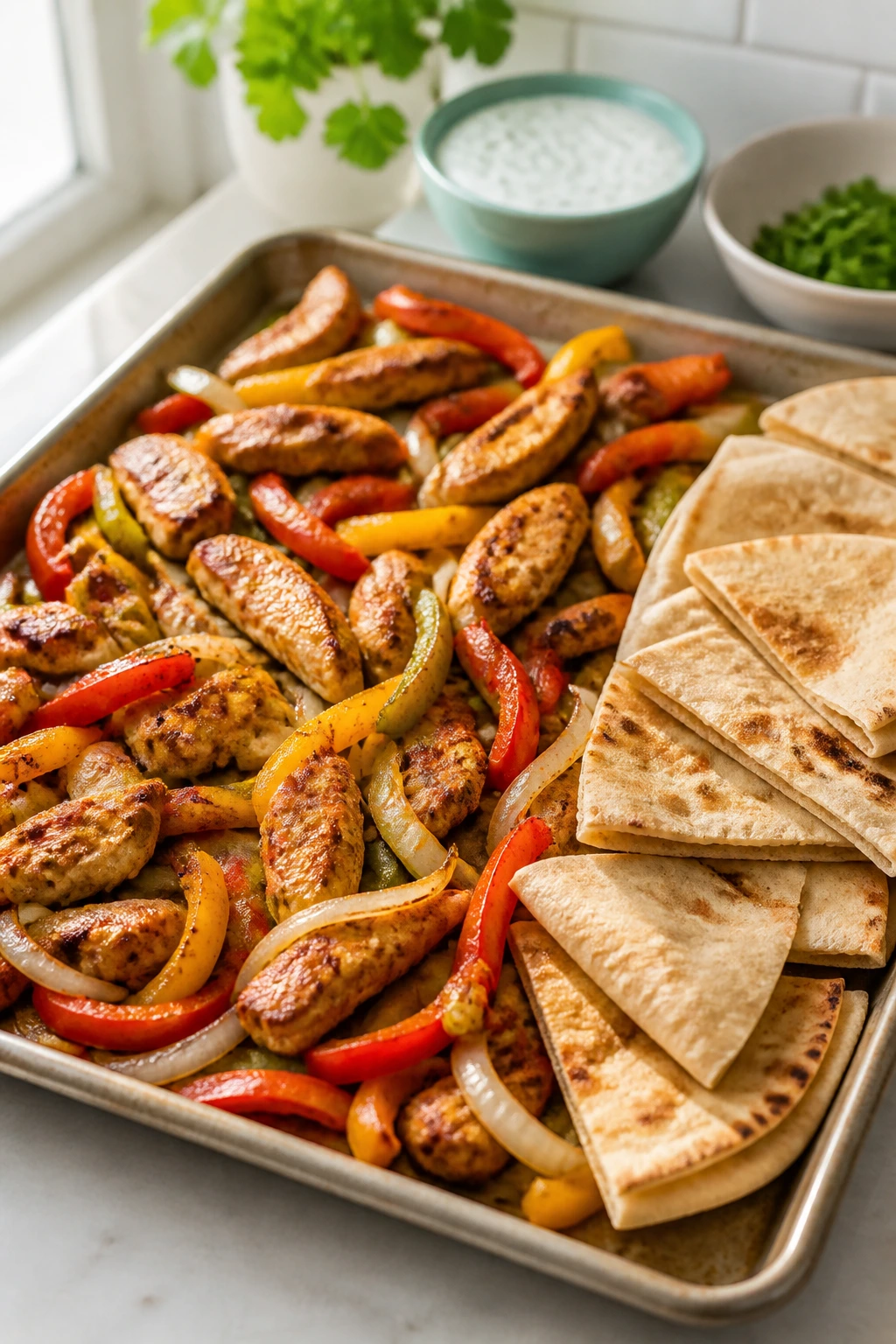 Roasted chicken fajita mix on a sheet pan with pita pockets ready to fill
