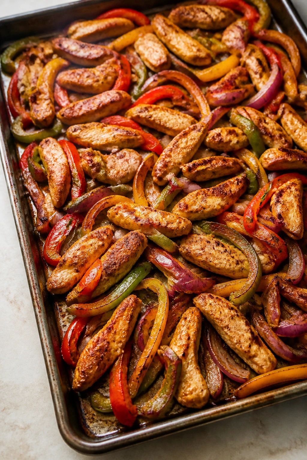 Sheet pan fajitas with chicken, peppers, and onions.