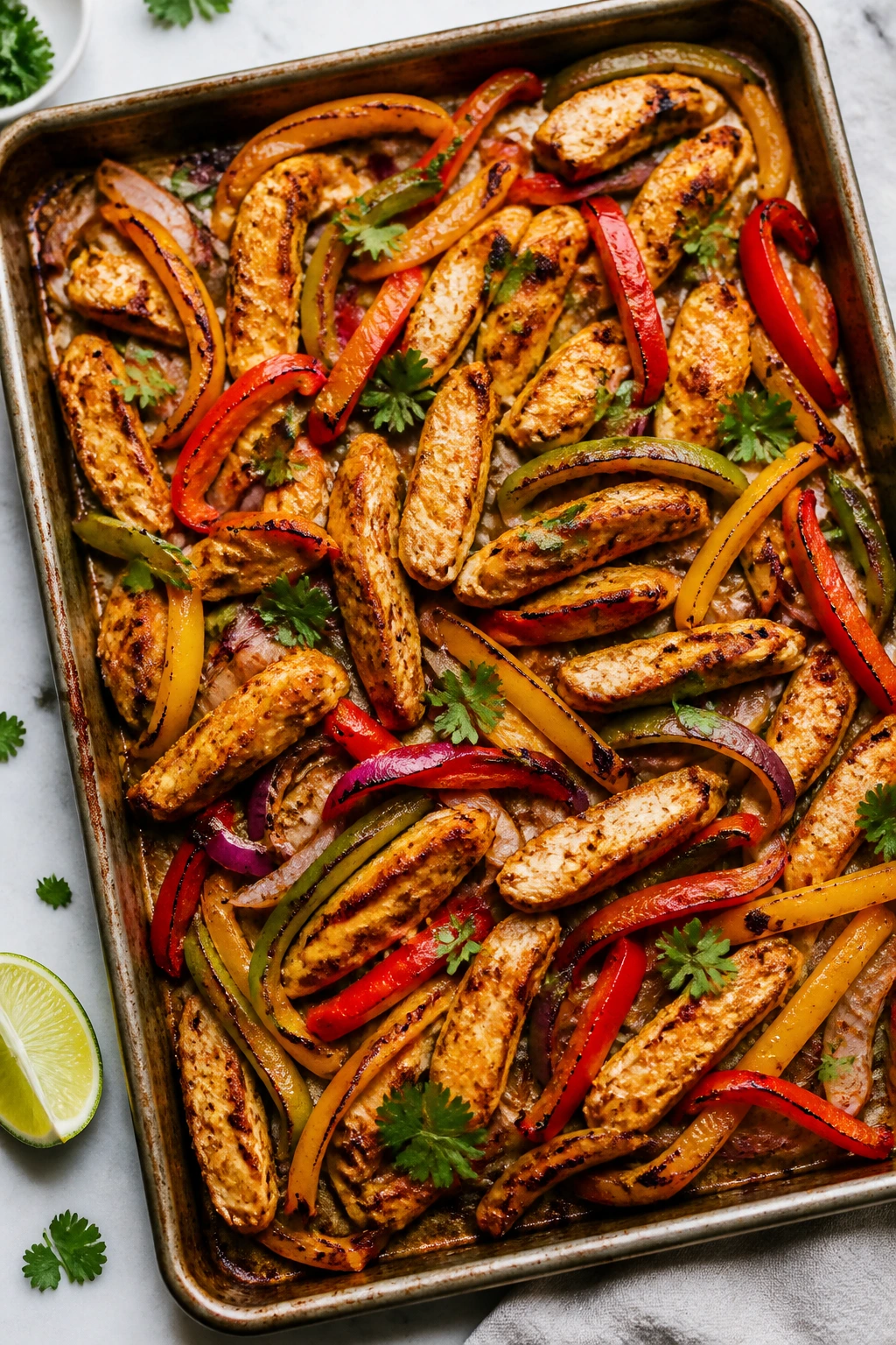 Sheet-pan chicken fajitas with peppers and onions
