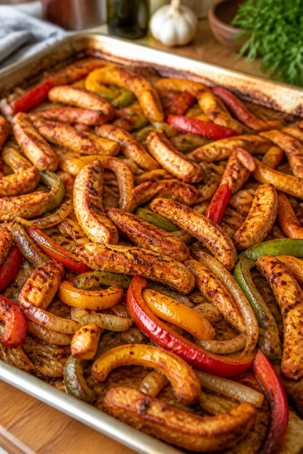 Close-up of sheet-pan chicken fajitas with peppers and onions on a hot pan