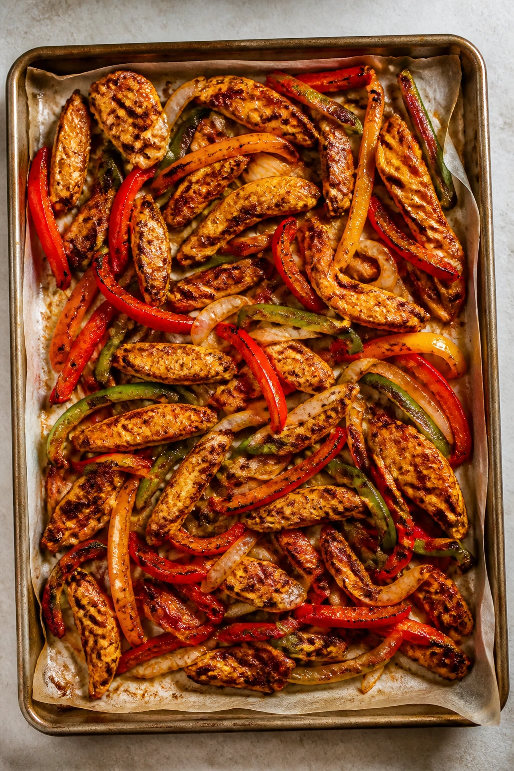 Sheet pan chicken fajitas on a sheet pan
