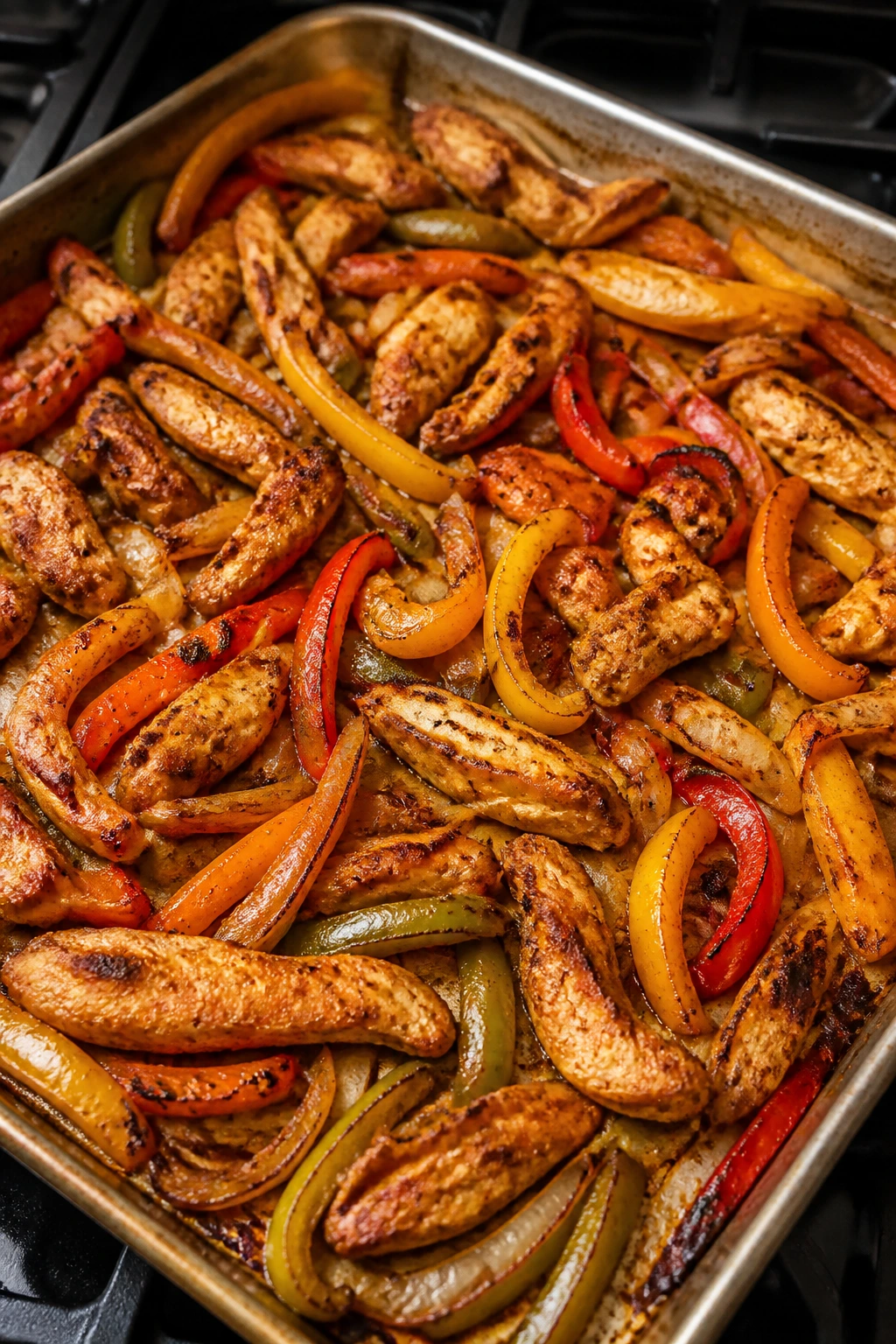 Sheet-pan fajitas with chicken and peppers on a baking sheet