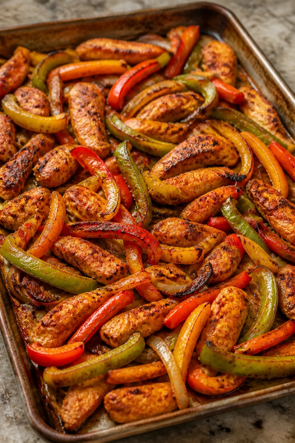 Sheet pan with chicken fajitas and peppers filling the frame.