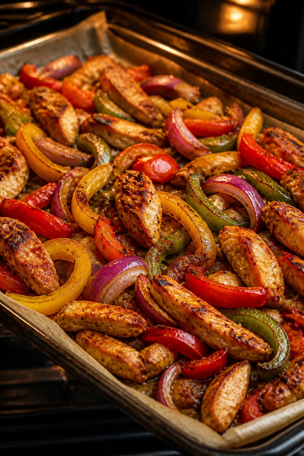 Sheet pan fajitas with chicken, peppers, and onions