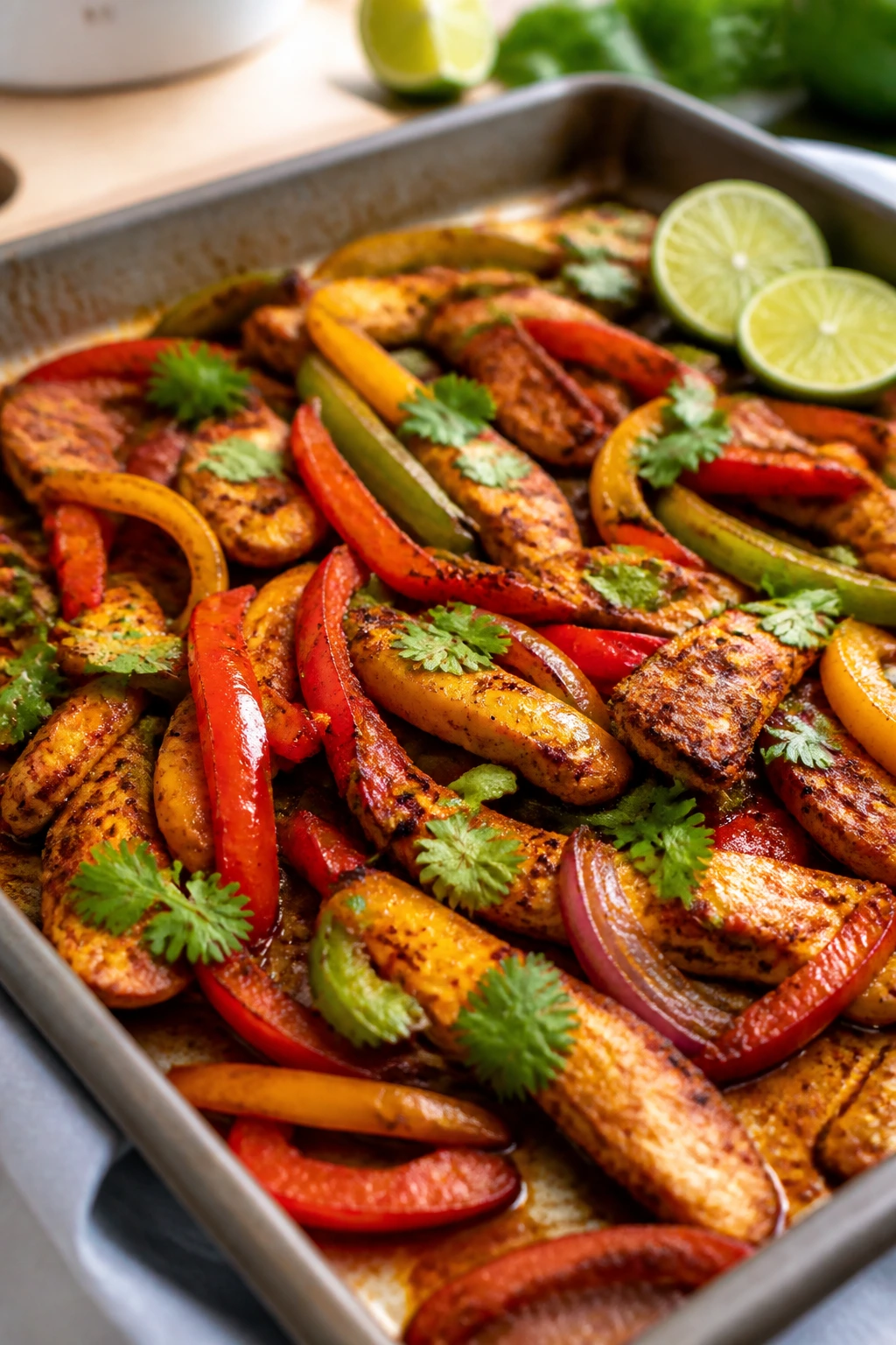 Close-up of sheet pan chicken fajitas with peppers dominating the frame