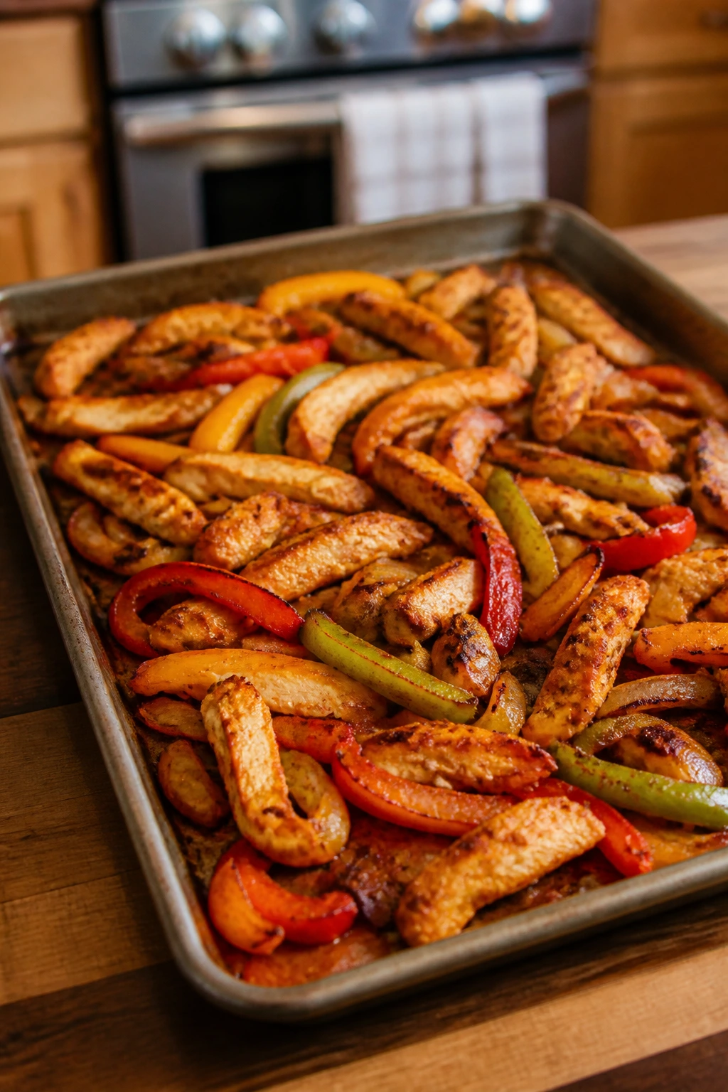 Close-up of sheet-pan fajitas on a roasting sheet with peppers and onions in a warm kitchen