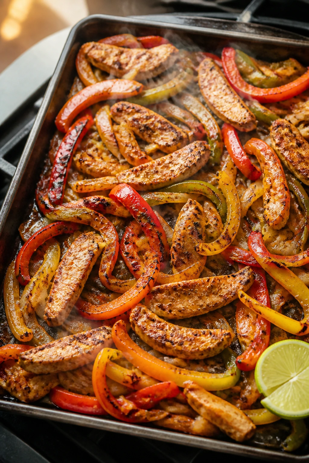 Sheet-pan chicken fajitas on a baking sheet with peppers and onions.