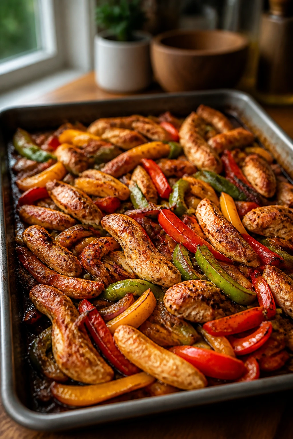Sheet pan with chicken strips and colorful peppers occupying most of the frame.
