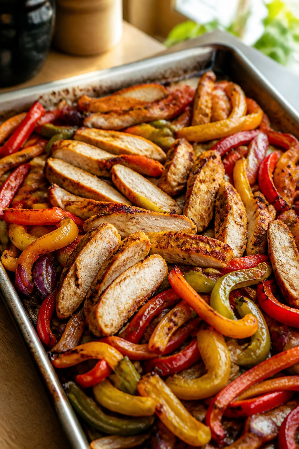 Close-up of sheet-pan fajitas with chicken and peppers on a pan