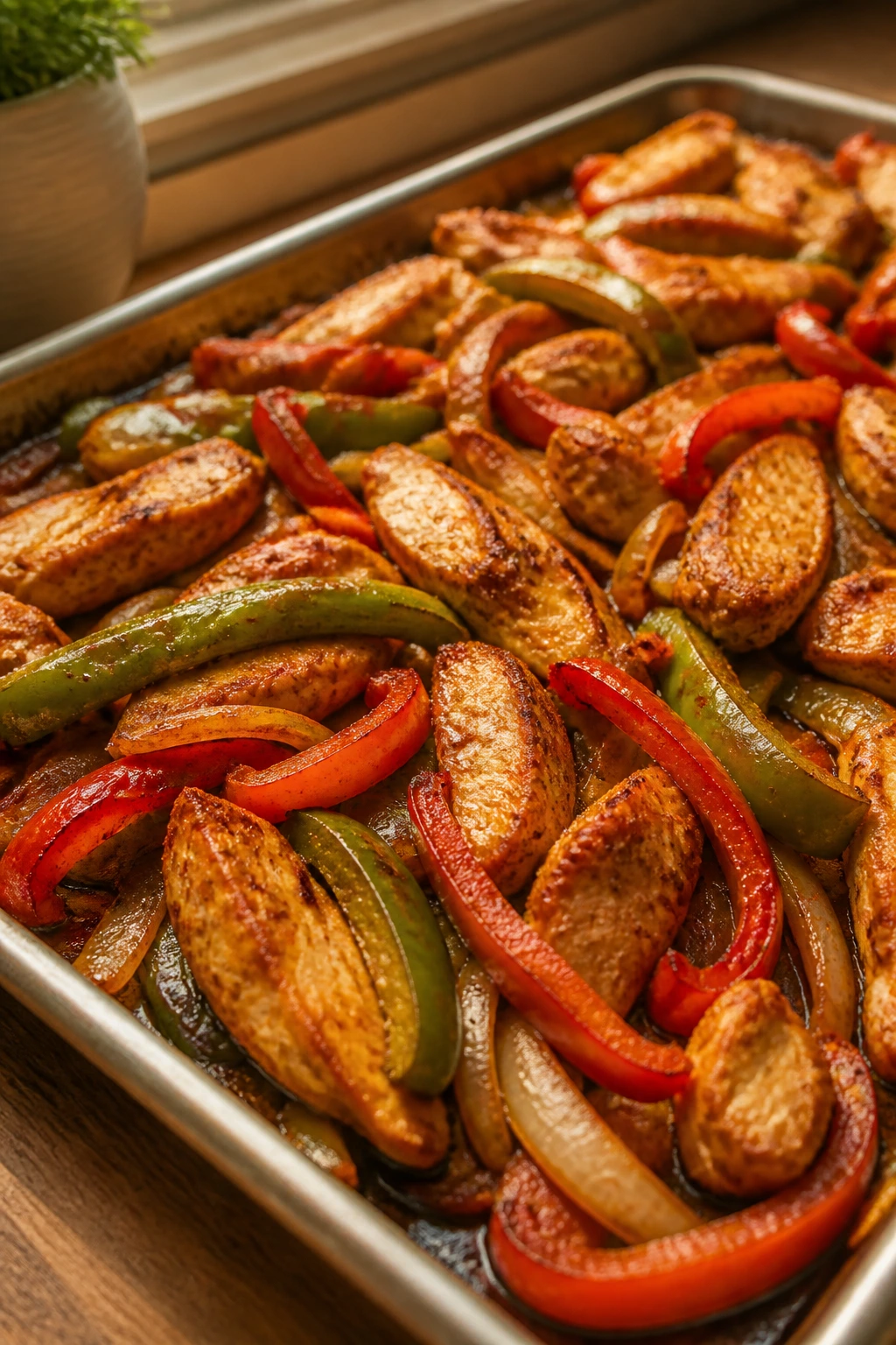 Close-up of sheet pan chicken fajitas with peppers and onions browning in a warm kitchen