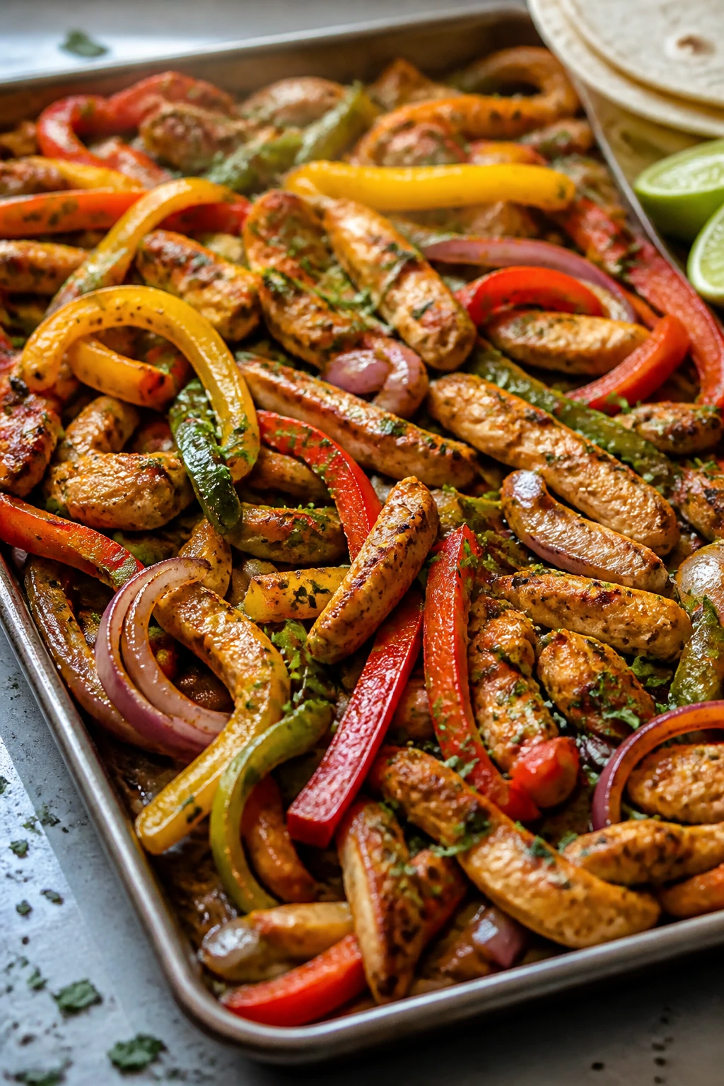 Chicken fajitas with peppers on a sheet-pan
