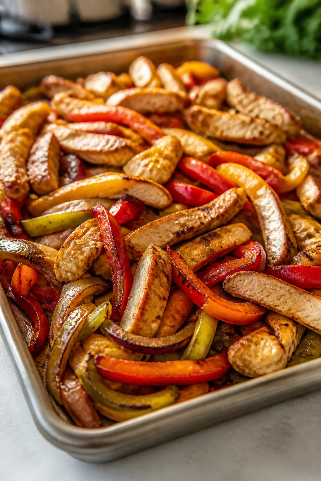 Close-up of chicken fajitas on a sheet pan with peppers and onions
