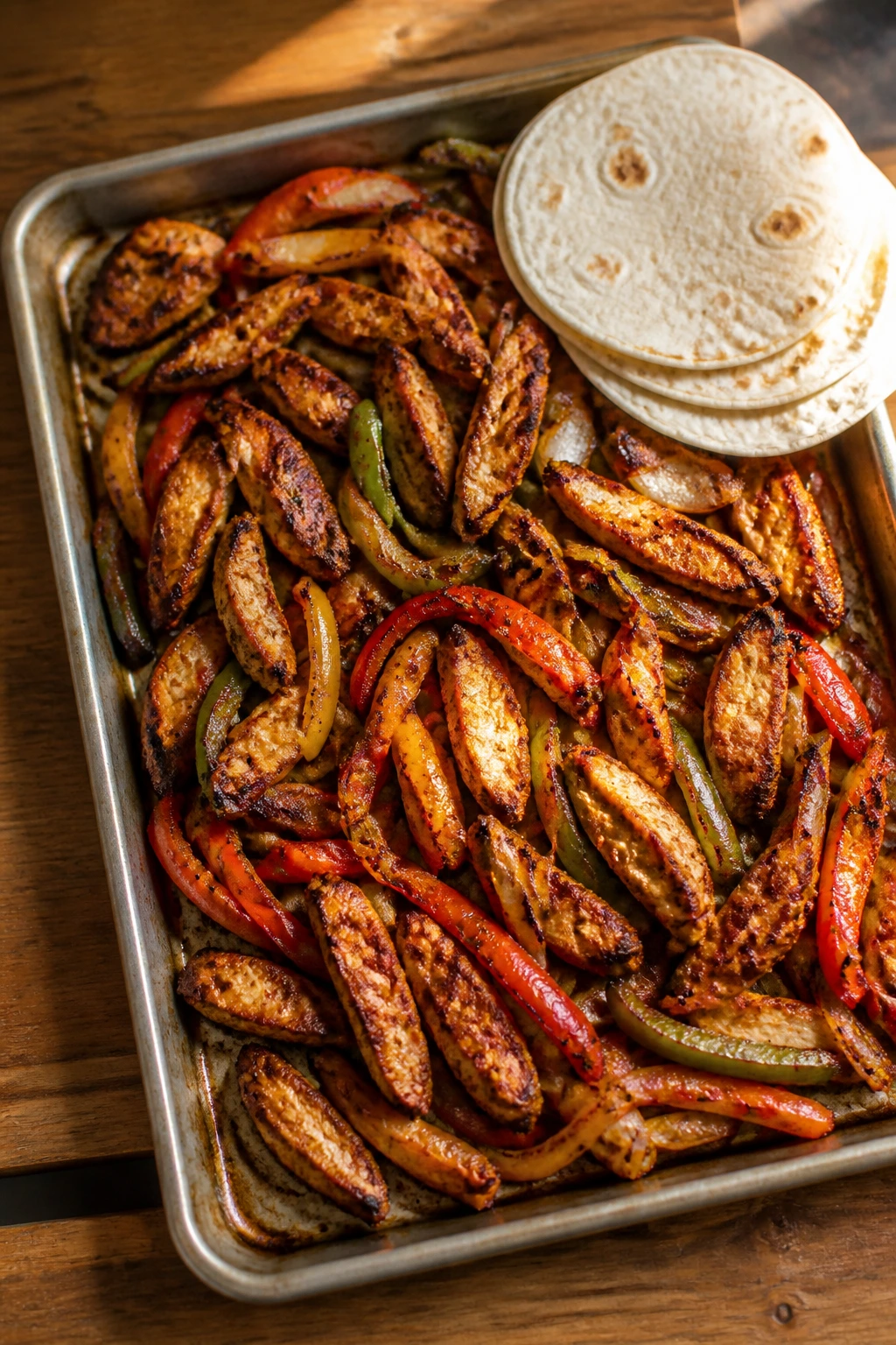 Close-up of sheet-pan fajita chicken with peppers and onions