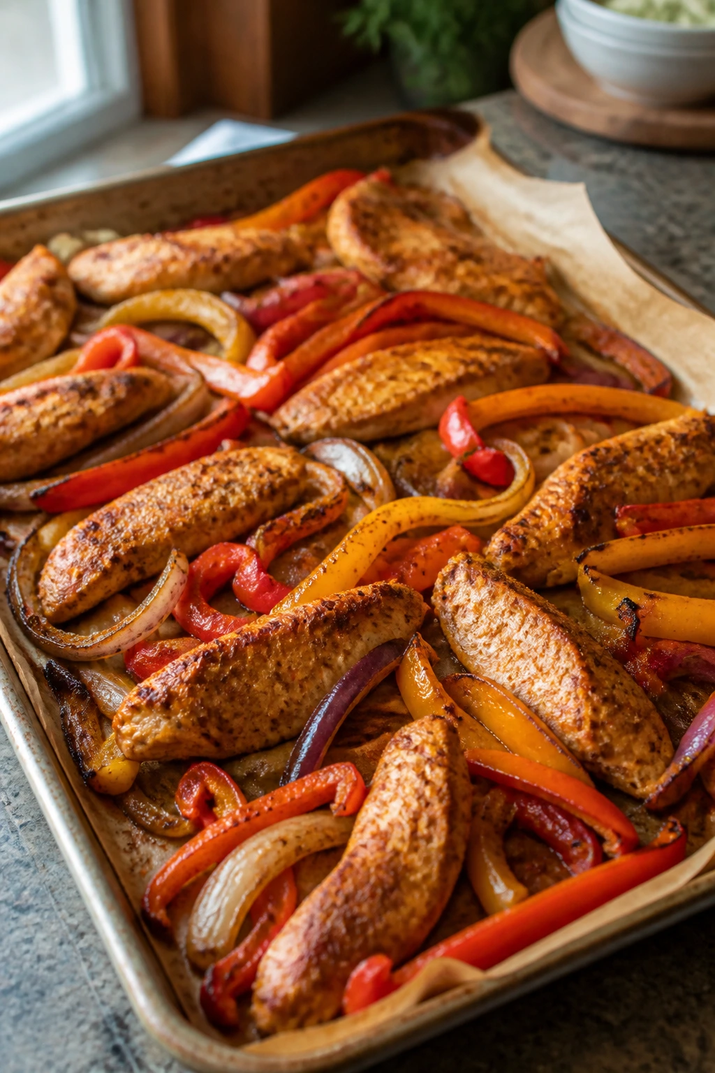 Close-up of sheet pan fajitas with chicken tenders, peppers and onions