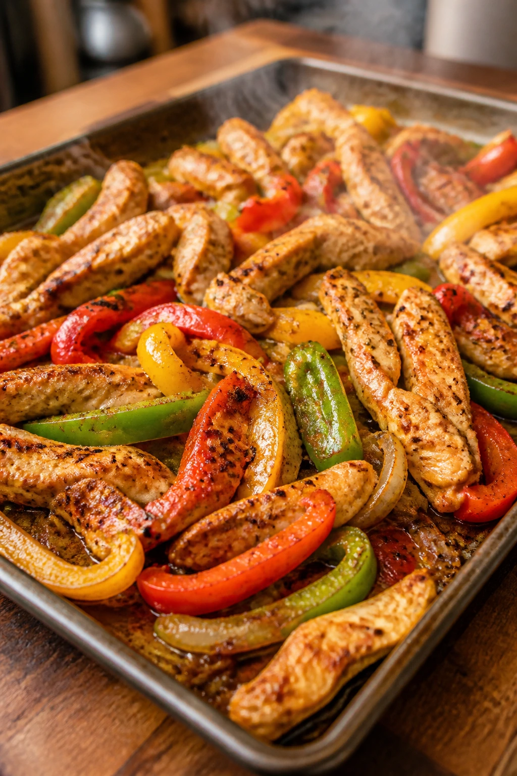 Close-up of sheet pan chicken fajitas with peppers and onions on a kitchen counter