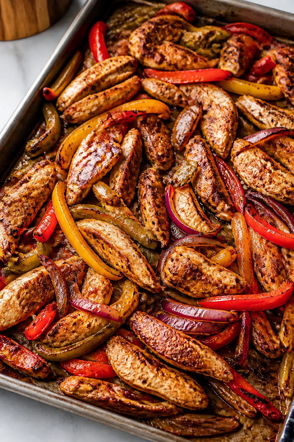 Sheet-pan fajitas with chicken and peppers on a pan