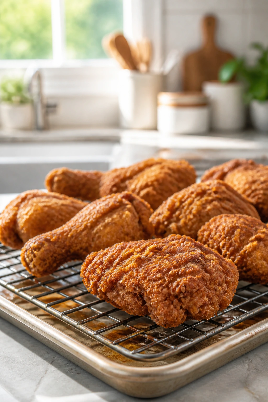 Sheet pan with crispy fried chicken on a rack in a bright kitchen.
