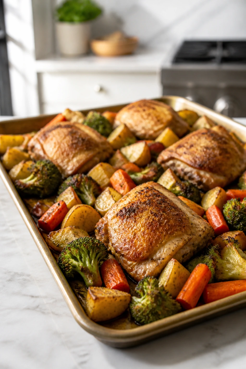 Rimmed sheet pan with roasted dinner components on a kitchen counter