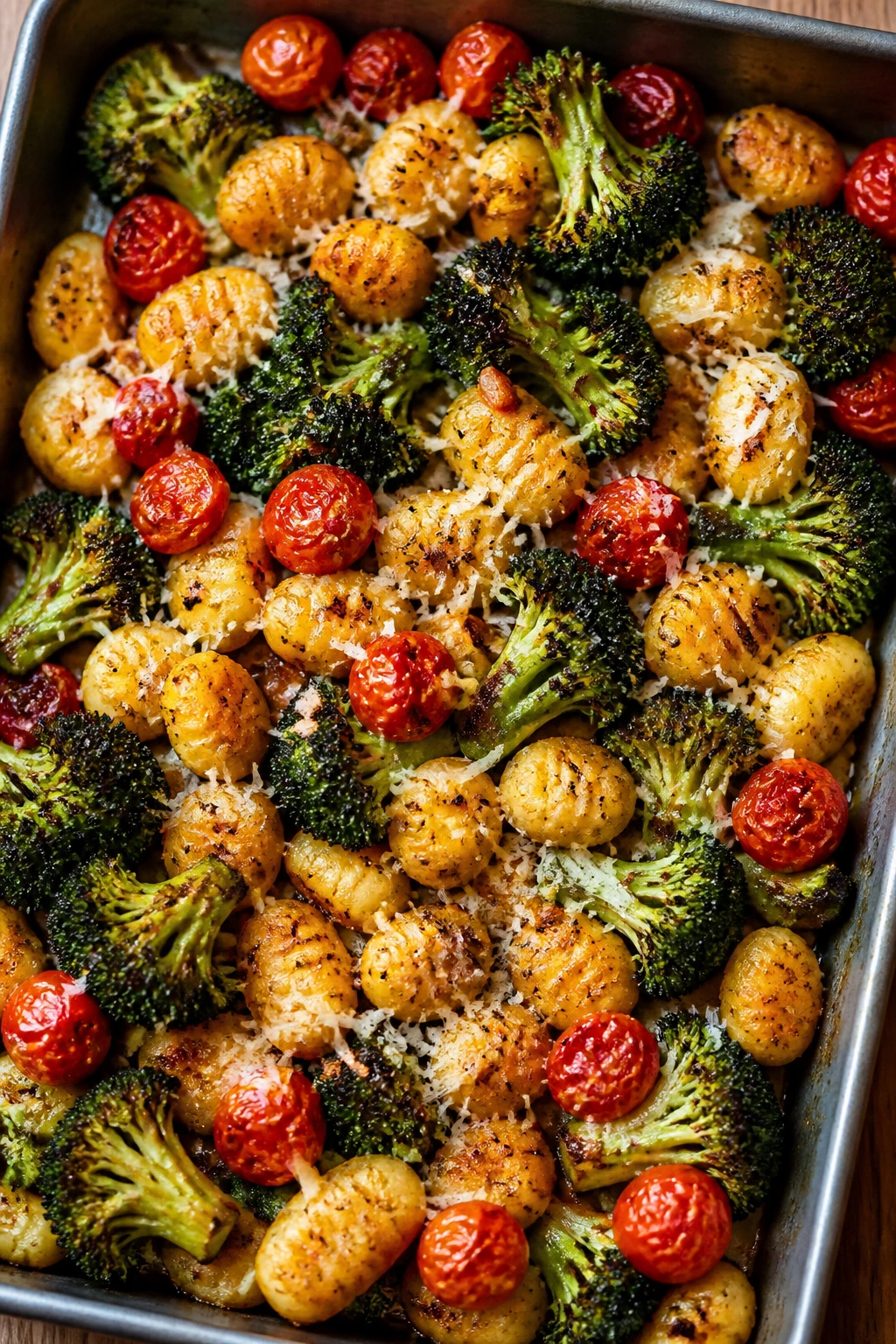 Close-up of sheet-pan gnocchi with broccoli and tomatoes, crisp edges and roasted vegetables