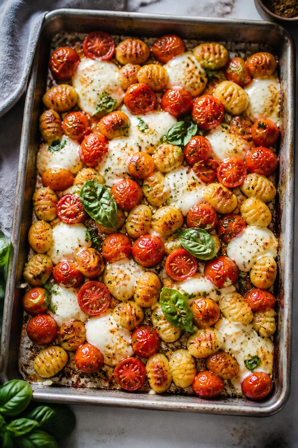 Sheet pan gnocchi with tomatoes, mozzarella pearls, and basil