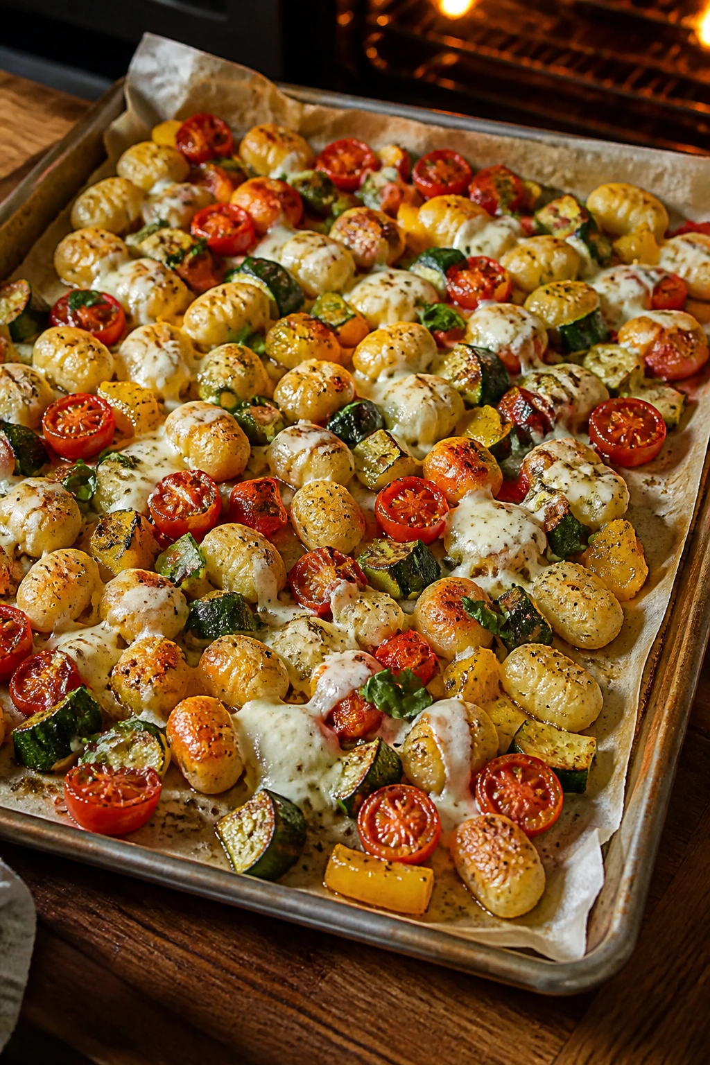 Close-up of sheet pan gnocchi with roasted vegetables and mozzarella in a warm kitchen