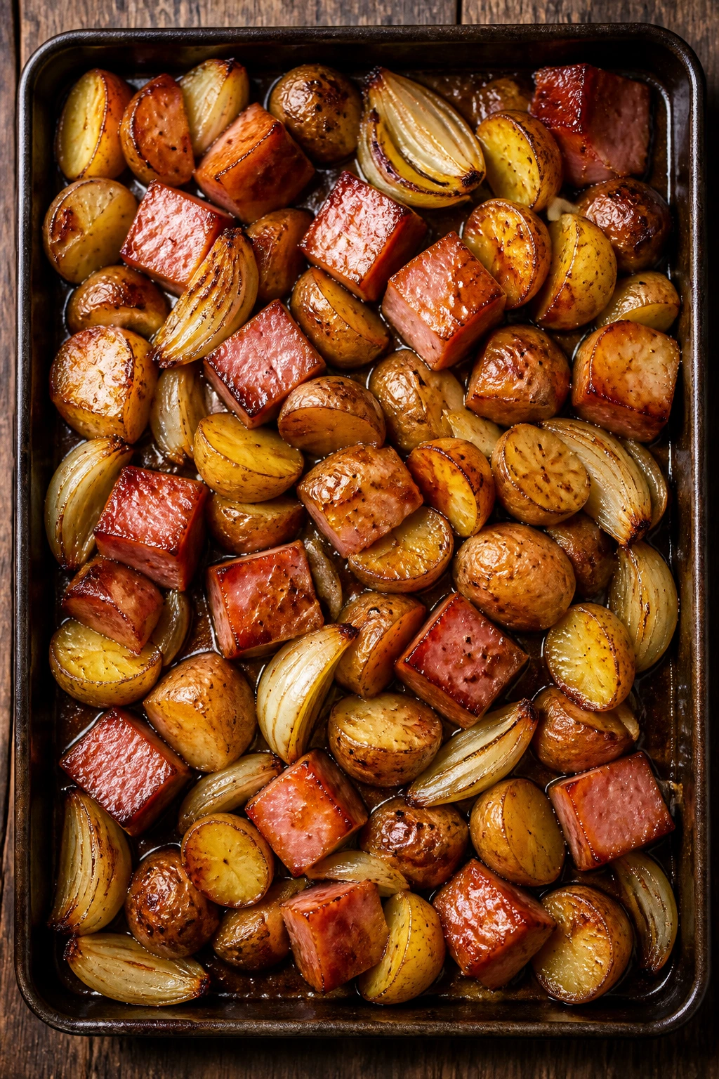 Sheet-pan bourbon ham with potatoes and onions in a warm kitchen