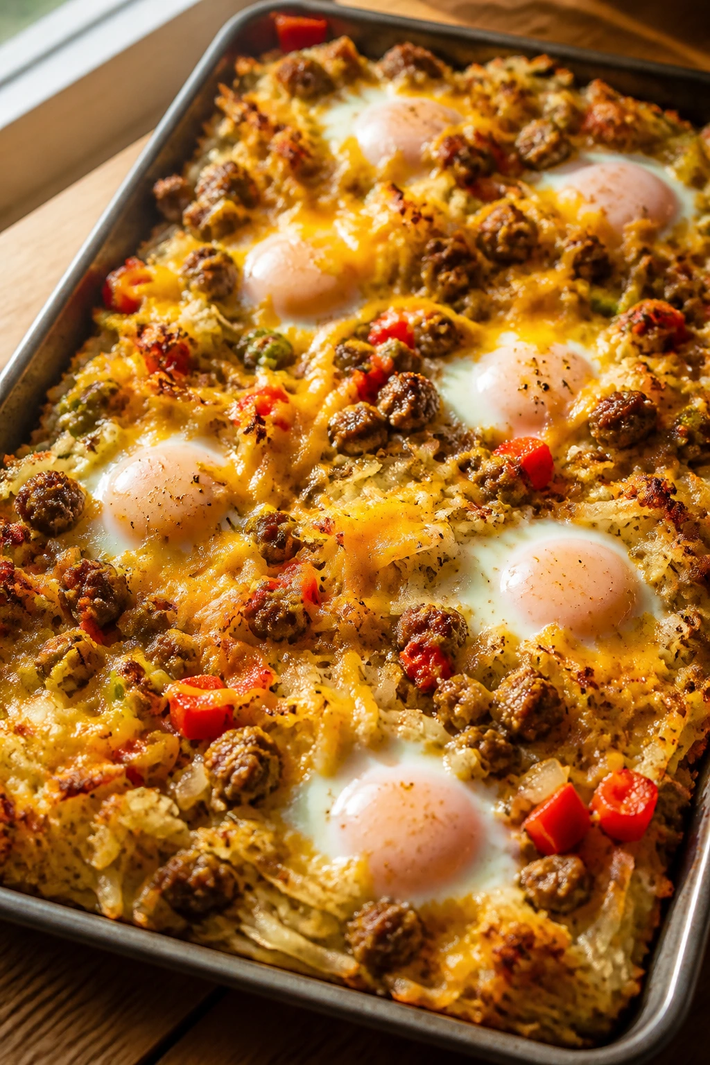 Close-up of breakfast-for-dinner sheet pan hash on a warm kitchen counter