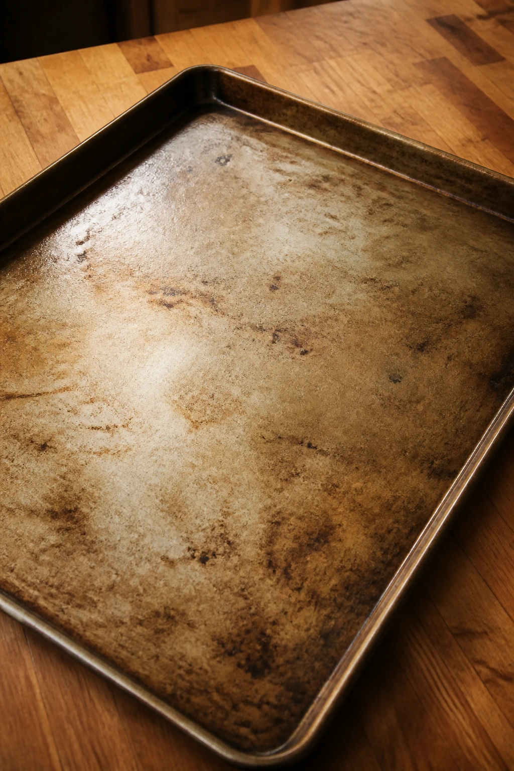 Large rimmed sheet pan on a wooden counter