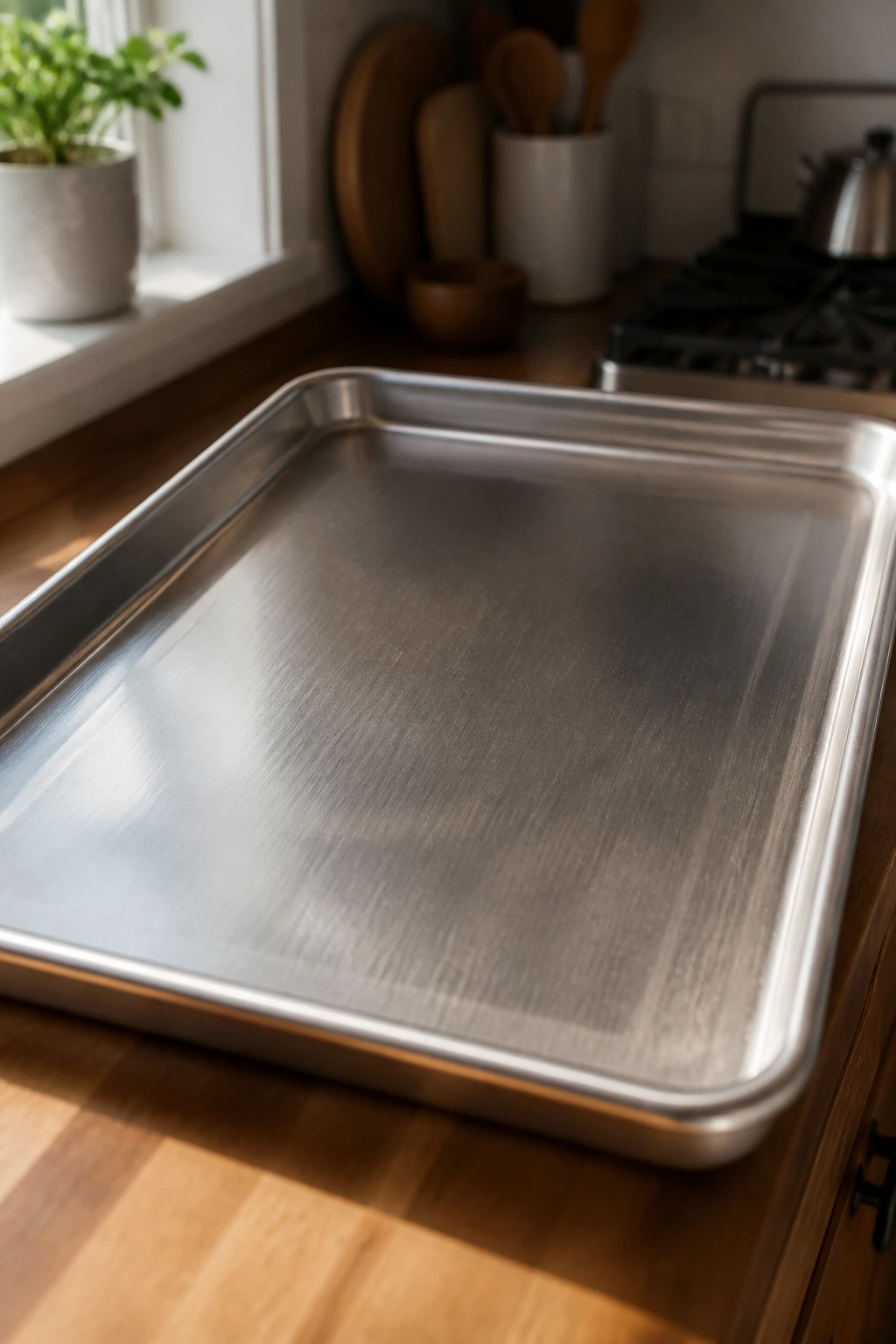 Close up of a rimmed sheet pan in a cozy kitchen