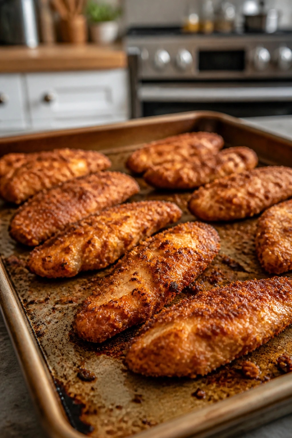 Close-up of a rimmed sheet pan with chicken tenders in a kitchen