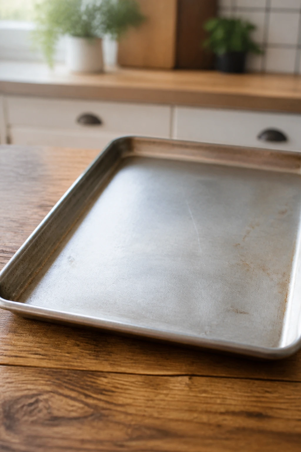 Close-up of a rimmed sheet pan on a kitchen counter, representing essential equipment.