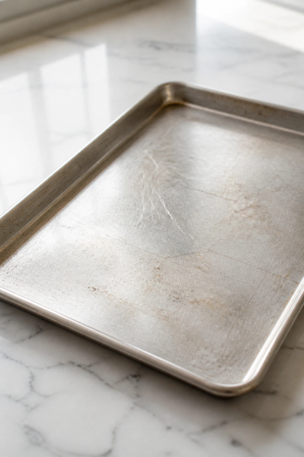 Large rimmed sheet pan as the main subject in a clean kitchen