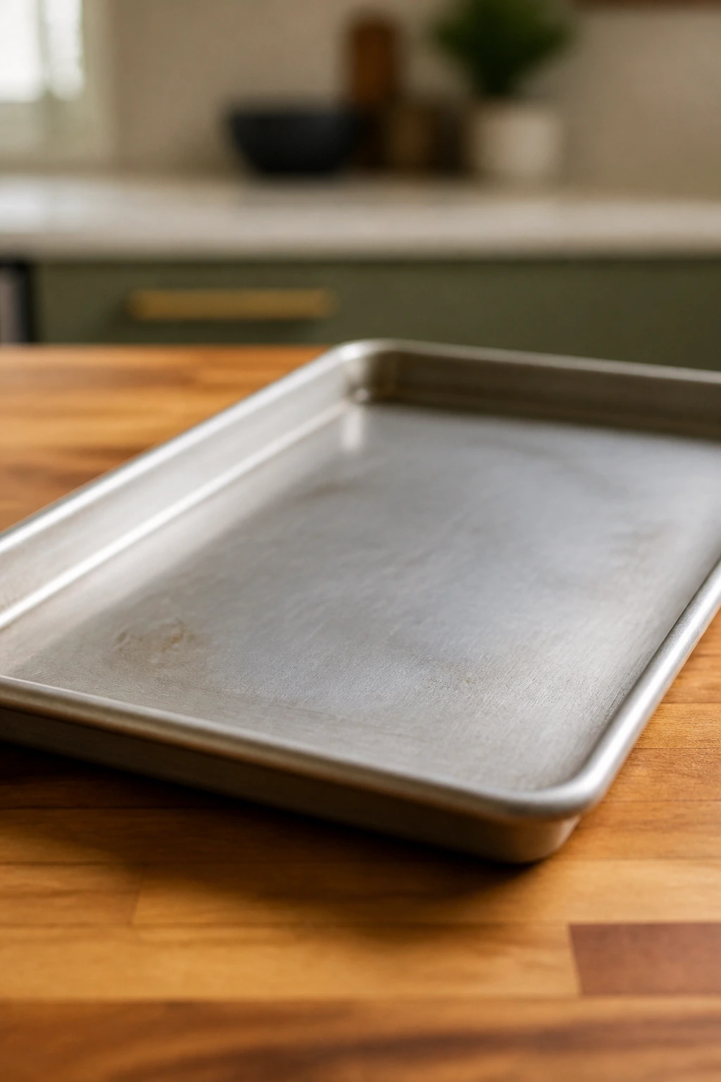 Close-up of a large rimmed sheet pan on a wooden counter in a kitchen