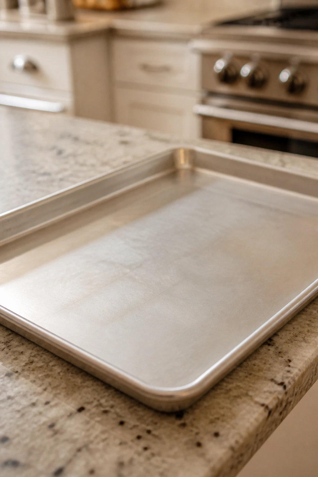 Close-up of a shiny rimmed sheet pan on a kitchen counter