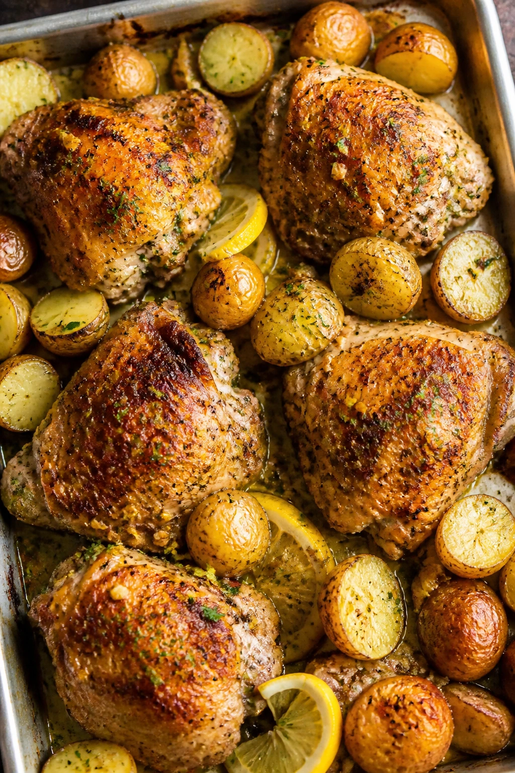 Sheet-pan lemon garlic chicken and potatoes on a bright kitchen counter.