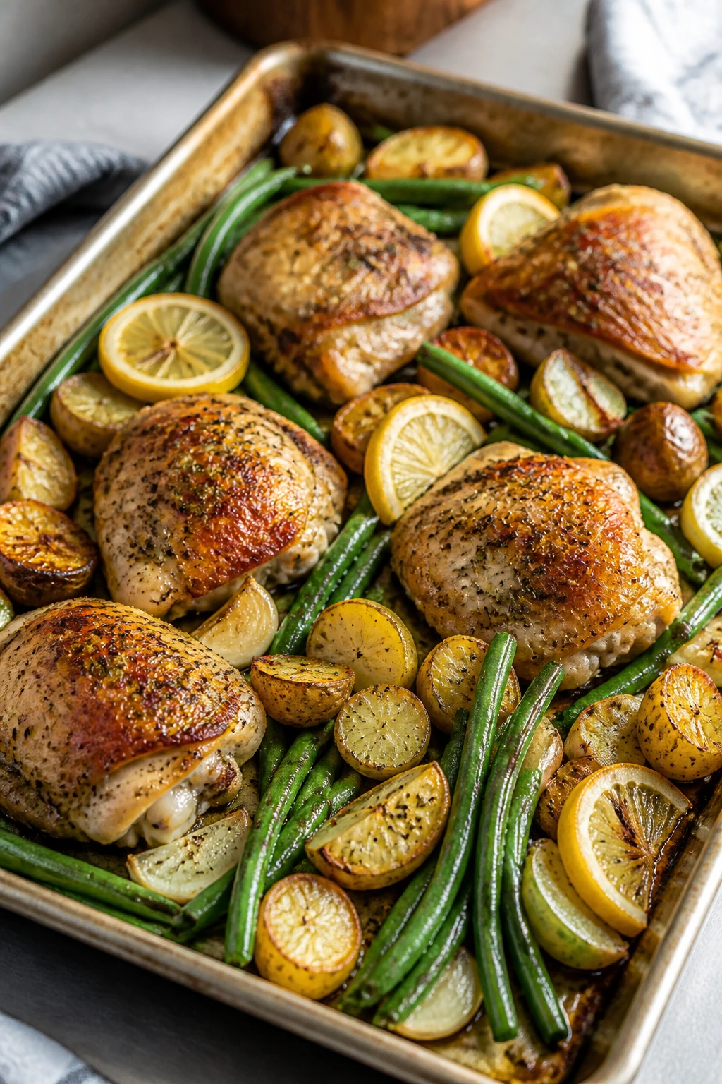 Sheet-pan lemon garlic chicken and potatoes on a baking tray in a kitchen