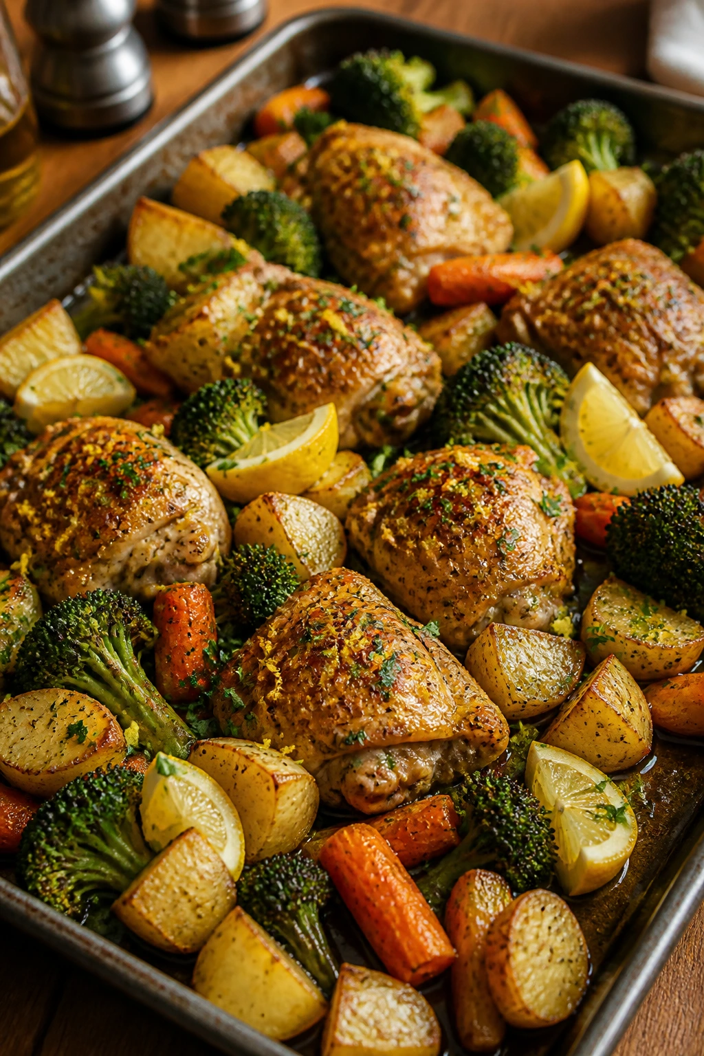 Close-up of sheet-pan lemon garlic chicken with potatoes, carrots, and broccoli on a wooden kitchen island
