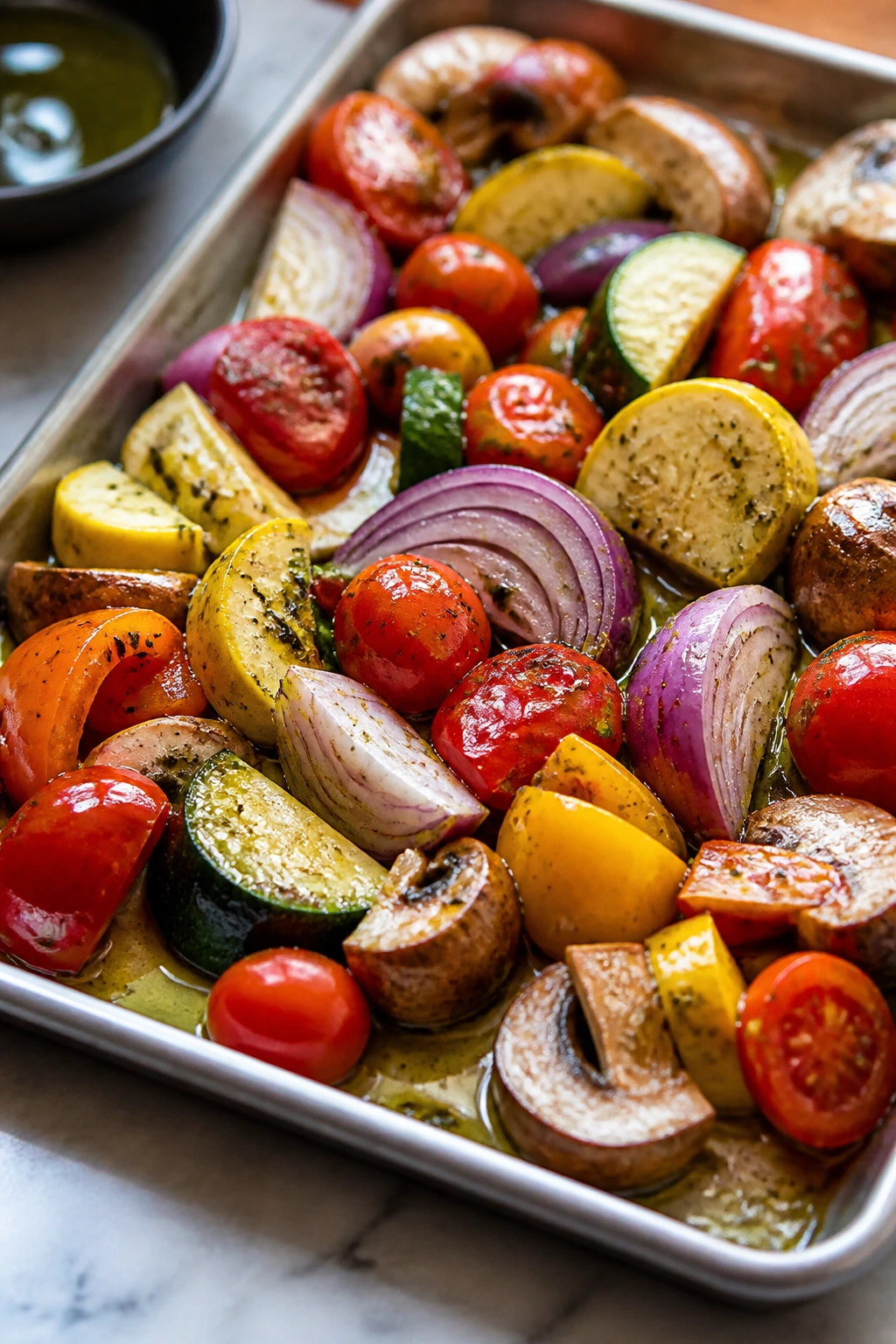 Close-up of a rimmed sheet pan with marinated vegetables ready for grill