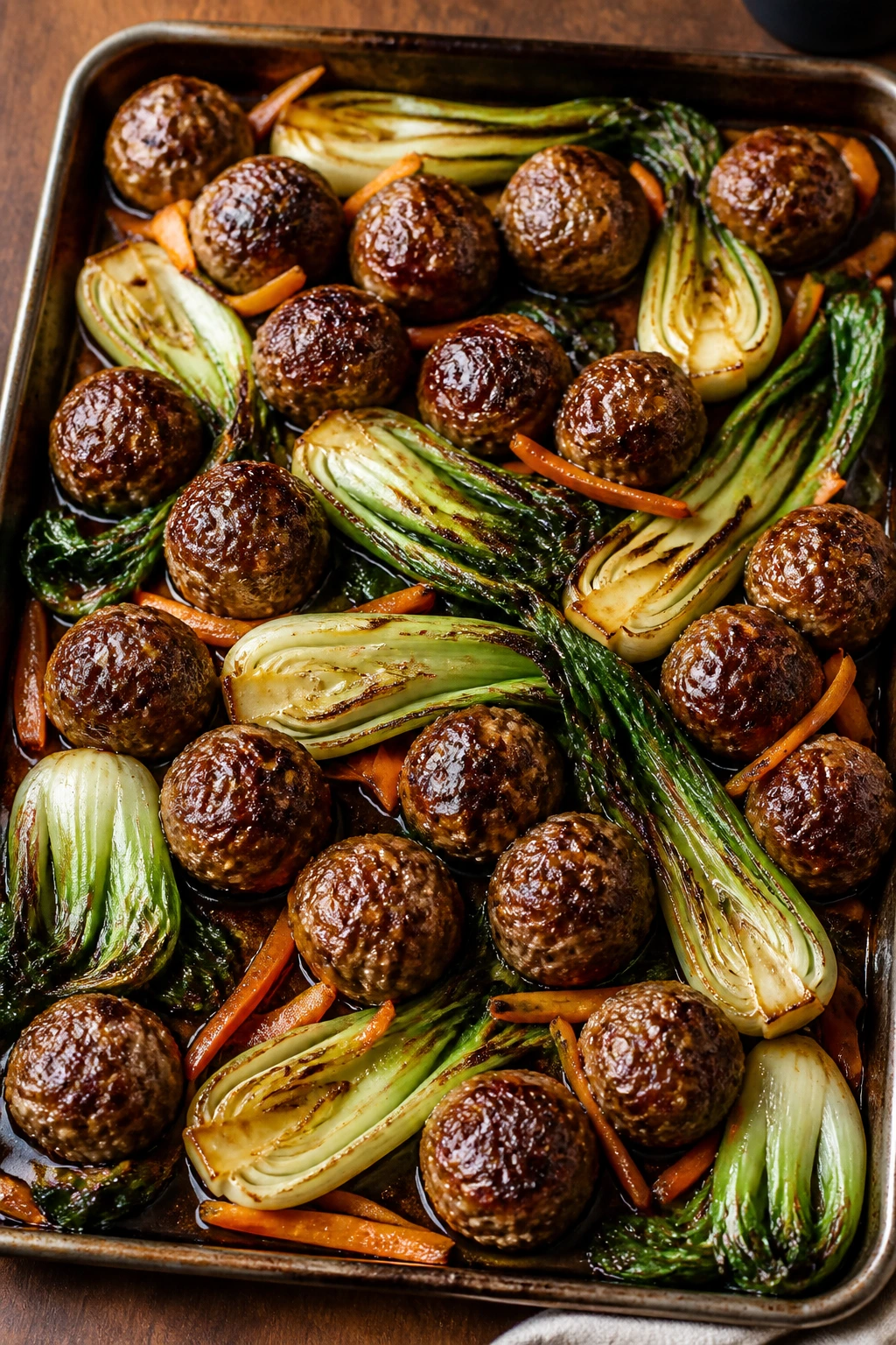 Sheet-pan meatballs with bok choy filling the frame