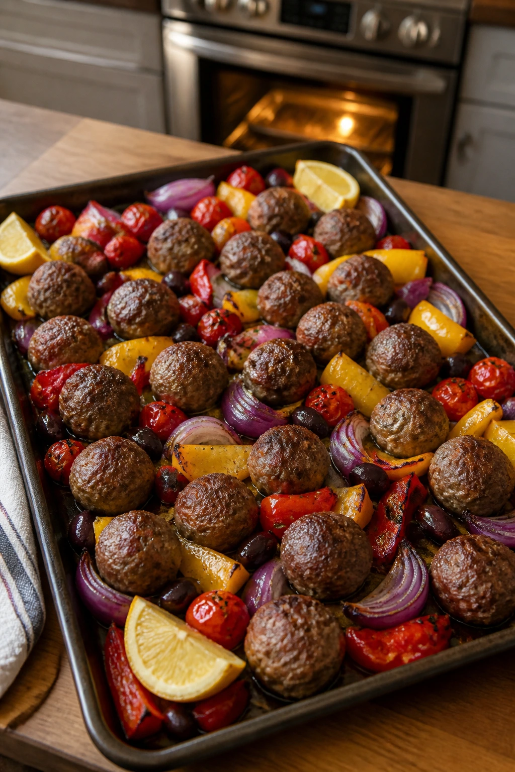 Close-up of sheet pan Greek meatballs with peppers and olives roasting in a warm kitchen