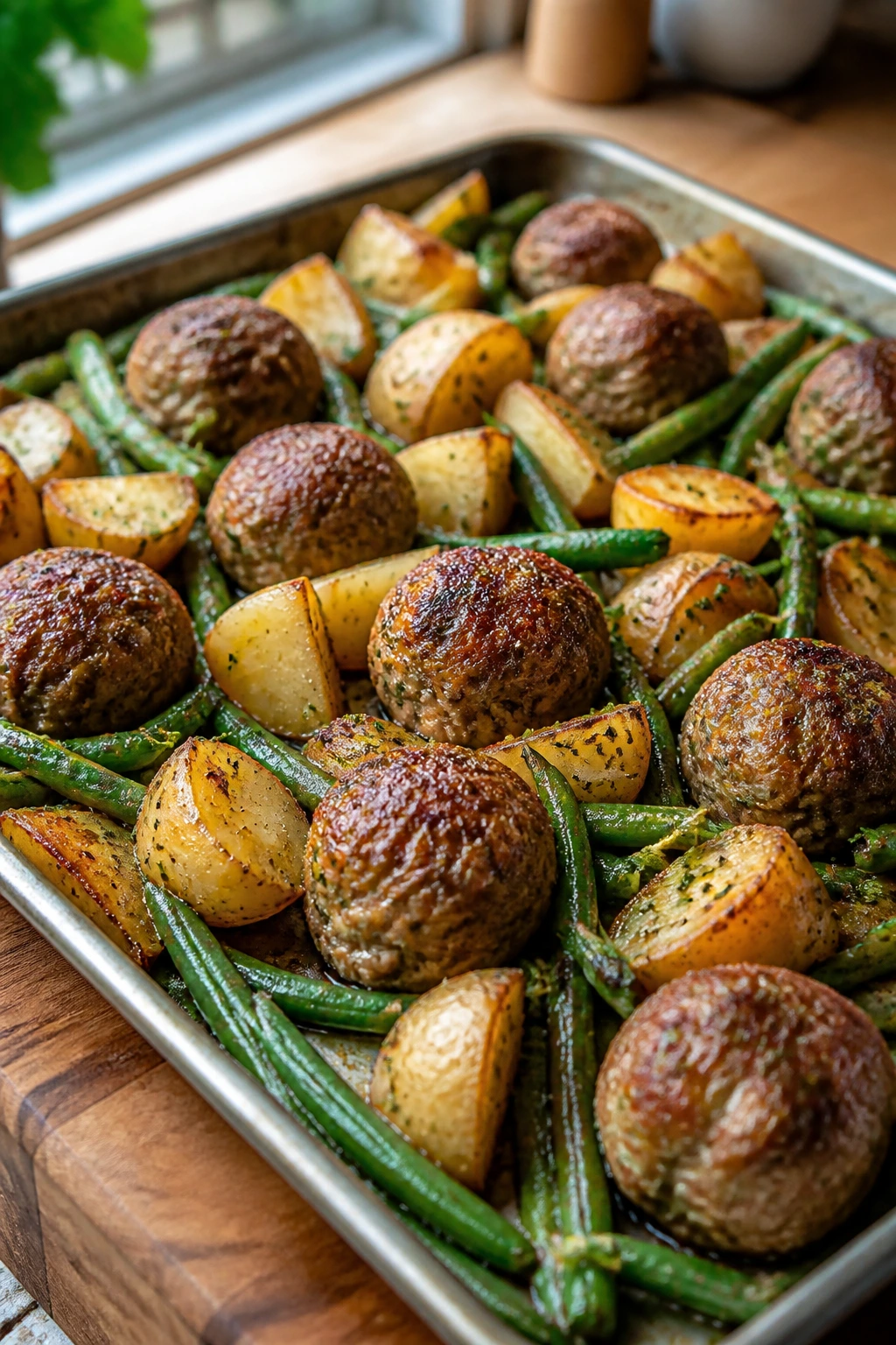 Close-up of sheet-pan meatballs with potatoes and green beans on a warm kitchen counter