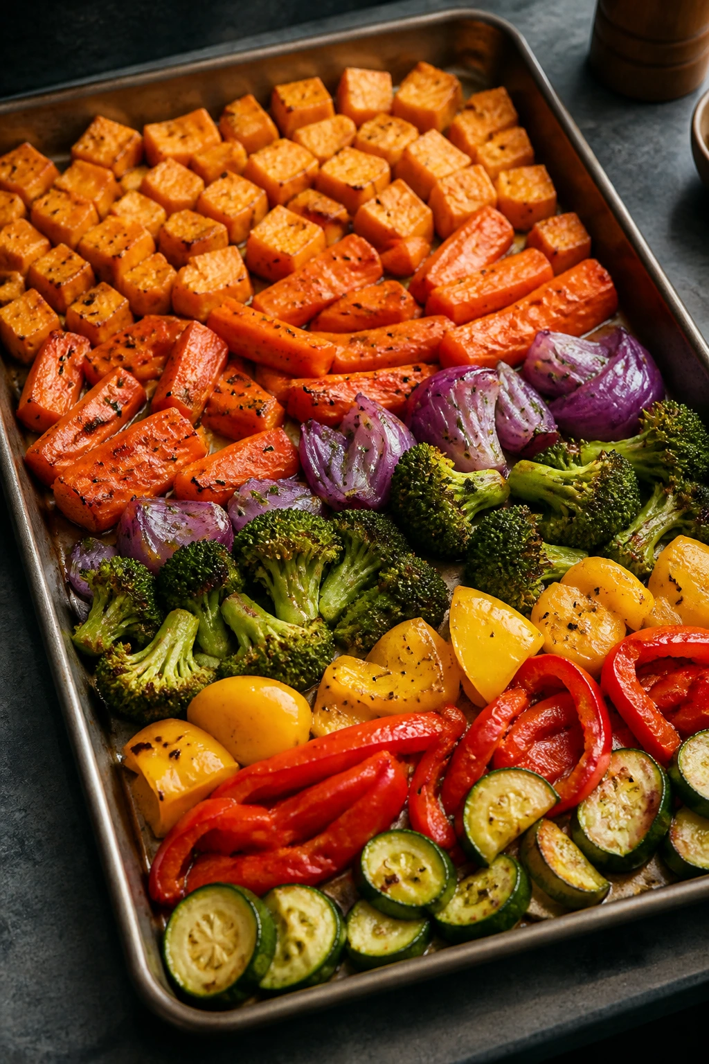 Sheet-pan method vegetables arranged for staged roasting