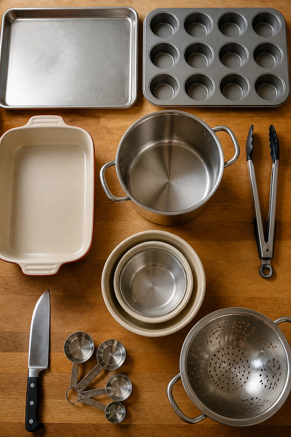 Assorted essential kitchen equipment laid out on a counter