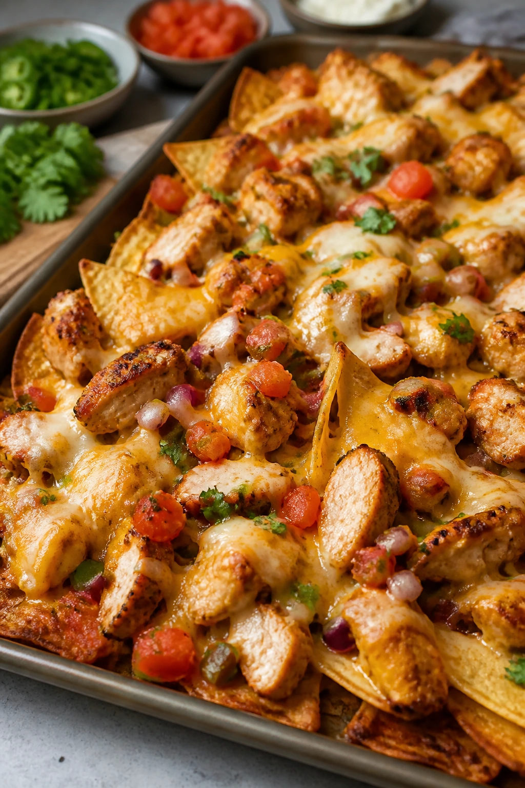 Close-up of sheet-pan nacho chicken with crispy chips and melted cheese