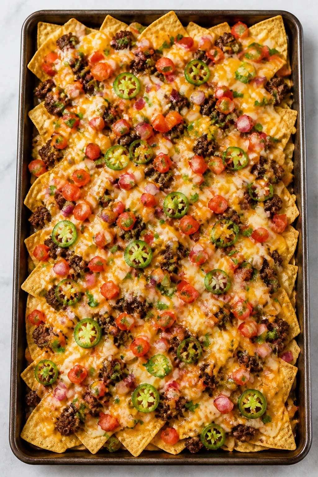 Nachos on a sheet pan with melted cheese ready to serve