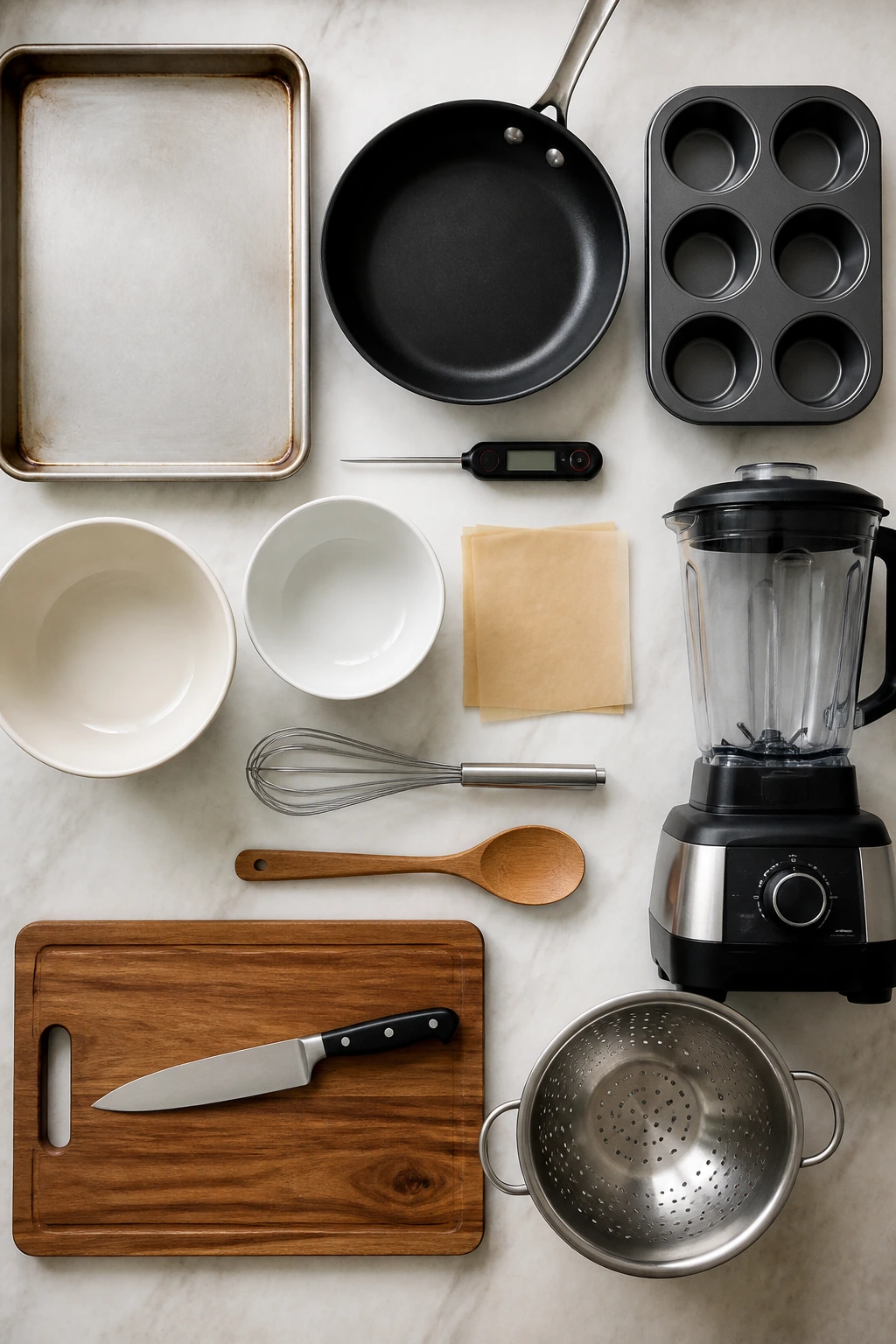 Top-down view of essential kitchen tools arranged on a counter