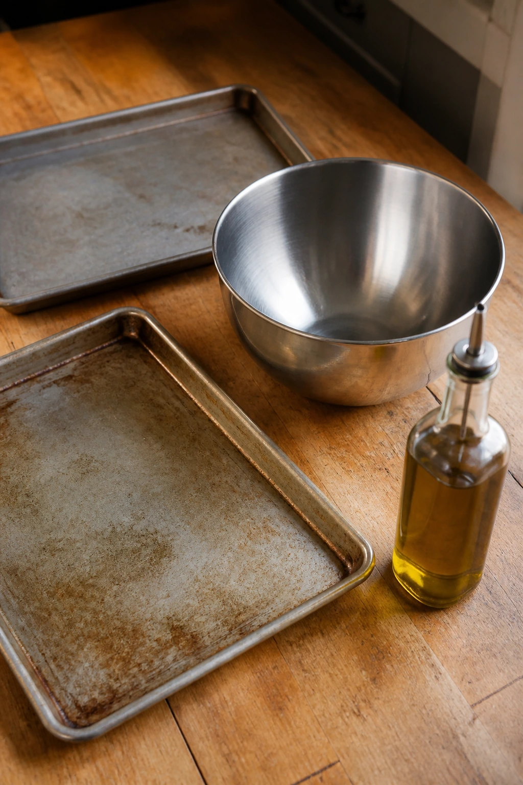 Top-down view of essential roasting tools and staples on a wooden counter